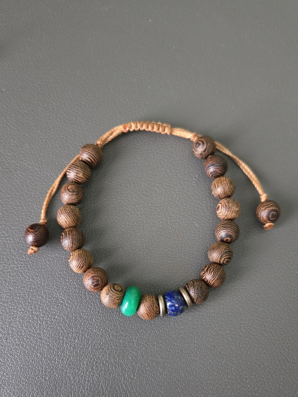 Handmade Brown Wood Bead Bracelet with Green and Blue Accent Beads